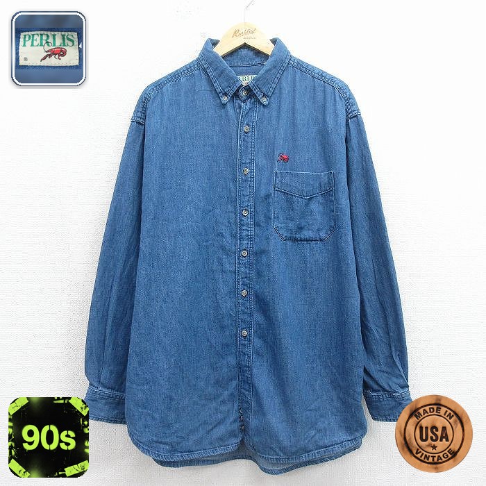 【中古】古着 長袖 シャツ メンズ 90年代 90s エビ 大きいサイズ ロング丈 コットン ボタンダウン USA製 紺 デニム【spe】 26may12