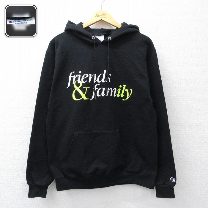 【中古】古着 チャンピオン 長袖スウェット パーカー メンズ Mサイズ フーディー ブラック friends&family スマイルプリント アメカジ ストリート カジュアル きれいめ 2OF