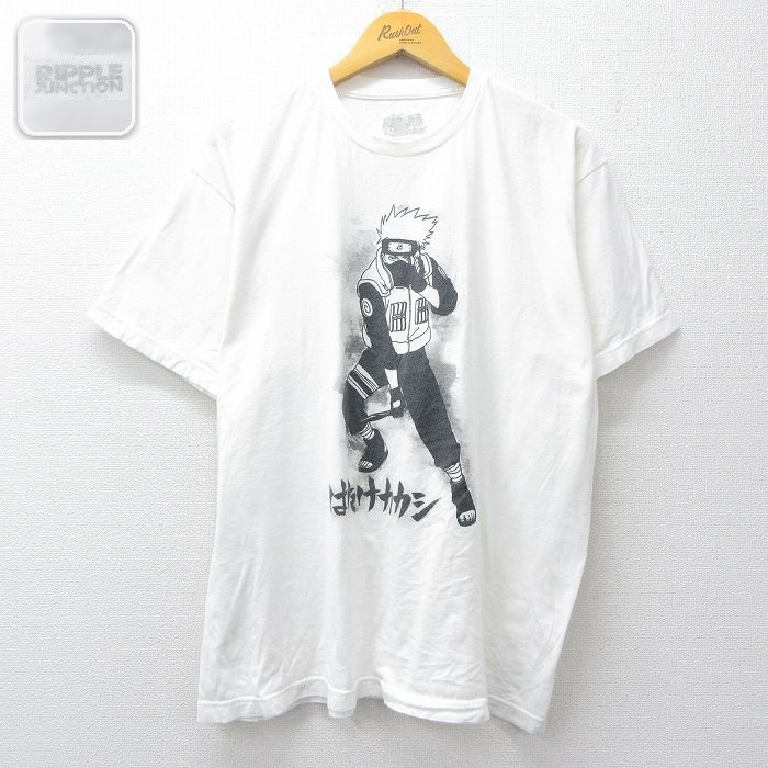 【中古】古着 半袖Tシャツ メンズ XLサイズ アニメプリント ナルト疾風伝 はたけカカシ 白 コットン クルーネック アメカジ カジュアル トップス ビッグシルエット 26mar19