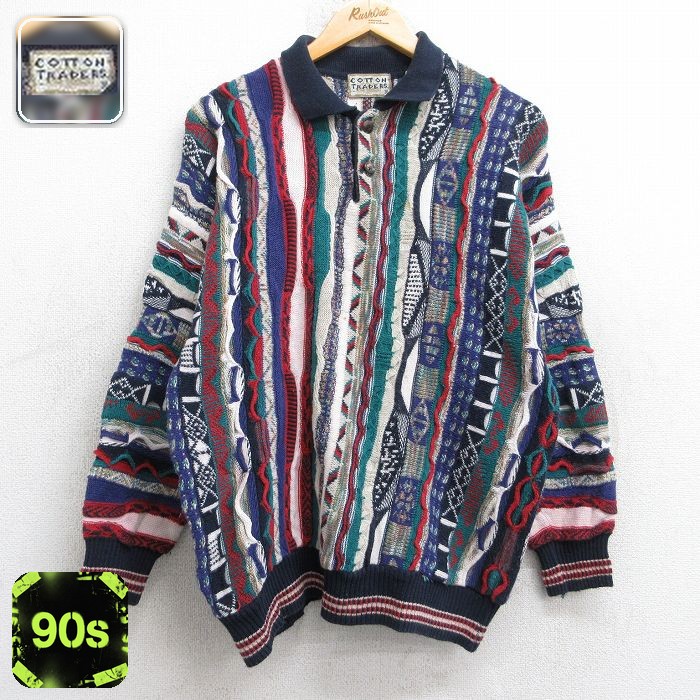 商品紹介90年代のCOTTON TRADERSの襟付きが特徴的な3Dニットの長袖セーターです。立体感のある編み地がネイビーの色味に奥行きを与え、一枚でサマになる存在感。軽やかな着心地で、コーディネートの主役としてもインナーとしても頼れる一着です。コンディション SABC コンディション：B（目立つ汚れ・リペア等あり） 【状態追記】●色移り、汚れ サイズ 表記サイズM 参考サイズメンズM相当実寸サイズ(cm)着丈（肩から裾）62cm / 着幅（脇から脇）52cm / 裄丈（襟中央から袖口）73cm / 脇袖丈（脇から袖先）47cm ※ 表記サイズ：商品のタグに記載してあるサイズ※ 実寸サイズ：実際に当店で測ったサイズ 商品詳細 素材コットン52％、アクリル48％ メール便不可 画像枚数の都合上、目立つダメージのみ掲載し、目立たないダメージは省略することがございます。着こなしの参考（コーデイラスト）一枚で主役級の存在感を持つ3Dニットセーターは、アイデア次第で春夏のスタイリングにも新鮮な表情を加えてくれます。メンズ・ストリート王道3Dニットセーター × ブルーデニムでストリートミックスオーバーサイズで着るためにメンズM相当のネイビーセーターを選び、ブルーデニムのストレートジーンズにオン。メンズ・春夏リラックス3Dニットセーター × プリーツトラウザーズで端正な大人カジュアル春夏向けの軽やかな着こなしには、チャコールグレーのプリーツトラウザーズを合わせて端正なリラックス感を演出。レディース・ミニマルパターンドシャツ × ジョガーパンツで洗練されたミニマルスタイルあえて装飾を削ぎ落としたミニマルなスタイルには、クリームのジョガーパンツを合わせて潔いシルエットを作ります。※イラストはイメージです。モデルの着用感・プリント・配色など実物と異なる場合があります。必ず商品画像・実寸・コンディションをご確認ください。イラストの小物は付属しません。 ■ カテゴリから探す90年代の古着ニットをみる古着のメンズ ニットをみる90年代の古着メンズをみる古着のメンズ トップスをみる ■ 店長おすすめ！今週の注目商品【50%OFF】マックレガー 90s 長袖セーター ネイビー M | 古着【50%OFF】シアーズ 90s 長袖セーター ネイビー M | 古着【50%OFF】クローバー 90s 長袖セーター Vネック ネイビー M | 古…【50%OFF】ペリーエリス 90s 長袖セーター ボーダー ネイビー M | …【50%OFF】ノルディック 90s 長袖セーター 雪柄 ネイビー M | 古着【50%OFF】セントジョンズベイ 90s 長袖セーター ストライプ ネイビー …【1点物・現品限り】この商品は一点物です。次回の入荷はございません。実店舗および他モールと在庫を共有しているため、ご注文のタイミングにより品切れとなる場合がございます。