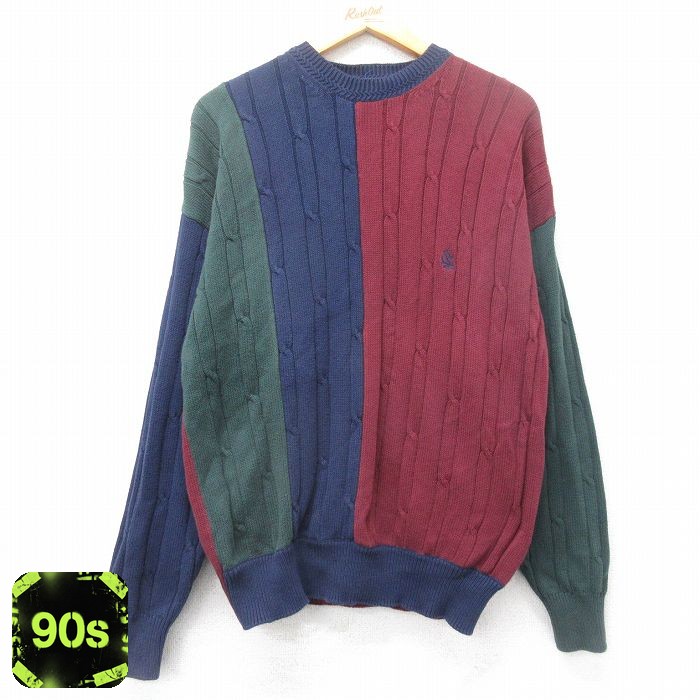 【中古】古着 ノーティカ 90s ケーブルセーター メンズ バーガンディ Lサイズ ワンポイントロゴ 90年代 ニット セーター アメカジ ストリート カジュアル きれいめ ヴィンテージ 5OF