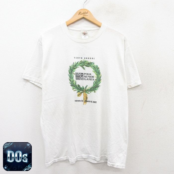 【中古】古着 フルーツオブザルーム 00s Tシャツ メンズ Lサイズ 白 POLK SENIOR GAMES プリント コットン クルーネック アメカジ ストリート ヴィンテージ 25jul28 5OF rushout-10722625 古着屋RushOut パッケージ画像