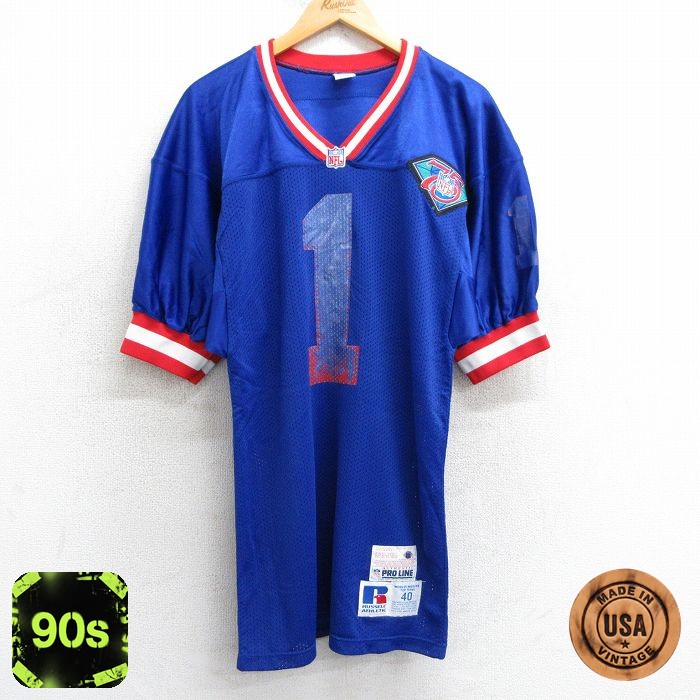 【中古】古着 ラッセル 90s 半袖Tシャツ メンズ NFL PAGANINI ブルー Mサイズ ヴィンテージ アメカジ ストリート カジュアル きれいめ レトロ オールド