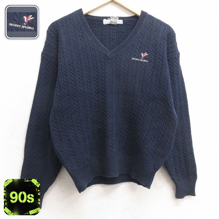 【中古】古着 IZOD 90s 90年代 長袖ケーブルセーター レディース コットン Vネック 紺 ネイビー DESERT SPRINGS アメカジ ストリート カジュアル 25jan11 5OF