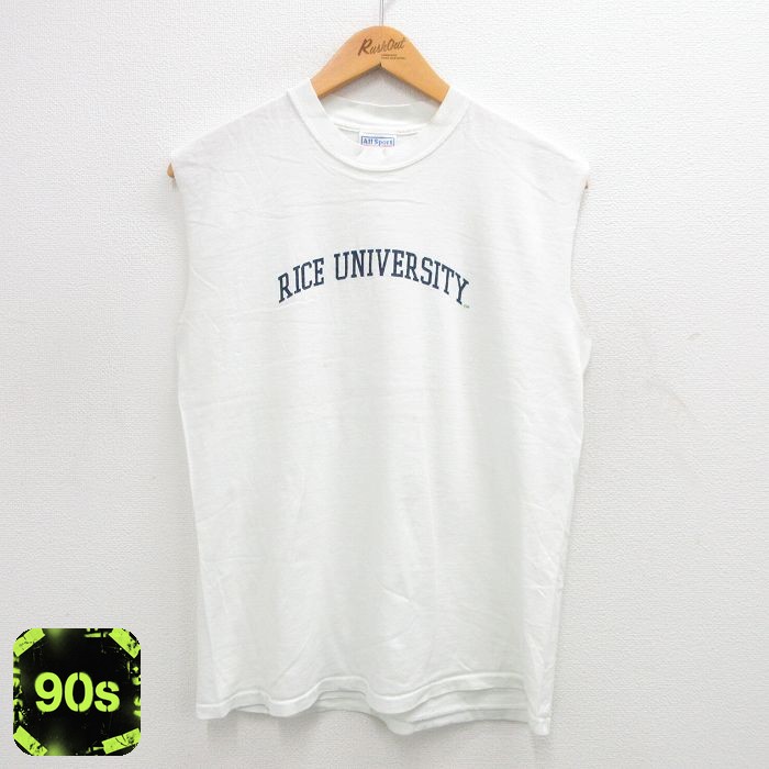 商品紹介90年代のオールドスクールな雰囲気が魅力のAll SportノースリーブTシャツです。胸元のライス大学グラフィックがヴィンテージライクな存在感を放ち、シンプルながらも着こなしの主役になる一枚。ホワイトボディで合わせやすく、アクティブなスタイルからタウンユースまで幅広く活躍します。コンディション SABC コンディション：B（目立つ汚れ・リペア等あり） 【状態追記】●汚れ サイズ 表記サイズM 40 参考サイズメンズM相当実寸サイズ(cm)着丈（肩から裾）65cm / 着幅（脇から脇）50cm / 肩幅43cm ※ 表記サイズ：商品のタグに記載してあるサイズ※ 実寸サイズ：実際に当店で測ったサイズ 商品詳細 素材コットン100％ メール便可 画像枚数の都合上、目立つダメージのみ掲載し、目立たないダメージは省略することがございます。着こなしの参考（コーデイラスト）All Sportの90sノースリーブTシャツを主役に、異なるテイストで魅せる3スタイル。メンズ・ストリート王道All Sport 90s ノースリーブTシャツ × ジョガーパンツでモノトーンストリートスタイルブラックのジョガーパンツを合わせた、クリーンなモノトーンストリートスタイル。主役のノースリーブTシャツは、肩の開きで抜け感を演出。メンズ・フェス・イベントAll Sport 90s ノースリーブTシャツ × プリーツトラウザーズでアーバンフェスコーデネイビーのプリーツトラウザーズを主軸に、都会的なフェススタイルを構築。ノースリーブTシャツをタックアウトでラフに着こなし、ブラックのベースボールキャップでスポーティな要素をオン。レディース・サーフカジュアルAll Sport 90s ノースリーブTシャツ × カーゴパンツでミリタリーカジュアルオリーブのカーゴパンツを合わせた、タフなミリタリーカジュアルスタイル。ノースリーブTシャツの白が、カーゴパンツの無骨さを軽やかに中和。※イラストはイメージです。モデルの着用感・プリント・配色など実物と異なる場合があります。必ず商品画像・実寸・コンディションをご確認ください。イラストの小物は付属しません。 ■ カテゴリから探す90年代の古着タンクトップをみる古着のメンズ タンクトップをみる90年代の古着メンズをみる古着のメンズ トップスをみる ■ 店長おすすめ！今週の注目商品【50%OFF】All Sport 90s ノースリーブTシャツ TAVERN …【50%OFF】All Sport 90s 半袖Tシャツ THE E1 MOVE…【50%OFF】All Sport 90s 半袖Tシャツ 鳥 ホワイト XL |…【50%OFF】All Sport 90s 半袖Tシャツ オレゴン ホワイト X…【50%OFF】All Sport 00s 半袖Tシャツ 星条旗 ホワイト XL…【50%OFF】リー 90s 半袖Tシャツ ウィスコンシンバジャーズフットボール…【1点物・現品限り】この商品は一点物です。次回の入荷はございません。実店舗および他モールと在庫を共有しているため、ご注文のタイミングにより品切れとなる場合がございます。