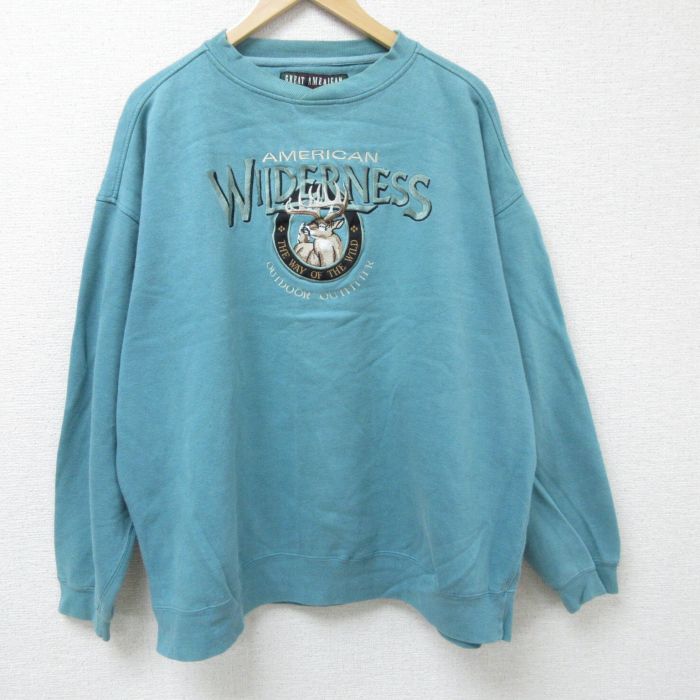 【中古】古着 長袖スウェット メンズ シカ 刺繍 大きいサイズ 2L LL ビッグシルエット ゆったり ビッグサイズ オーバーサイズ クルーネ..