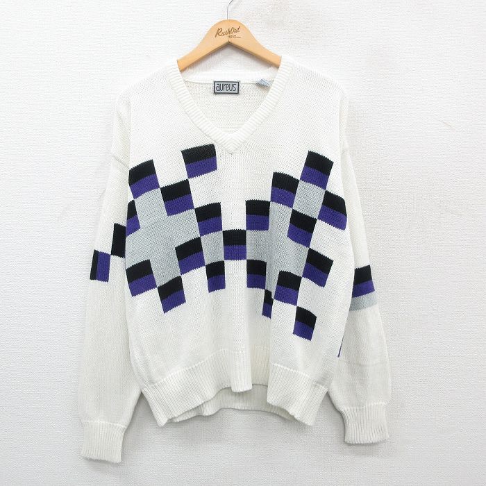 【中古】古着 長袖 セーター メンズ 00年代 00s アクリル Vネック 白他 ホワイト Lサイズ 中古 ニット トップス | 春夏 春物 春服 秋冬 秋物 秋服 メンズファッション カジュアル おしゃれ ファッション 5OF