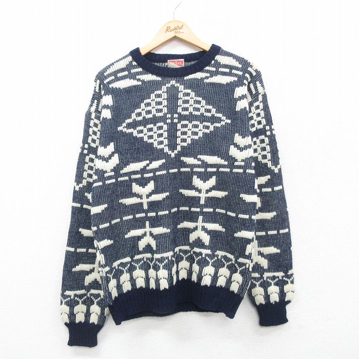 Crew Neck - 【中古】古着 90s 長袖セーター メンズ Mサイズ ニット トレーナー 紺 アクリル クルーネック ヴィンテージ アメカジ ストリート カジュアル きれいめ レトロ 24dec19