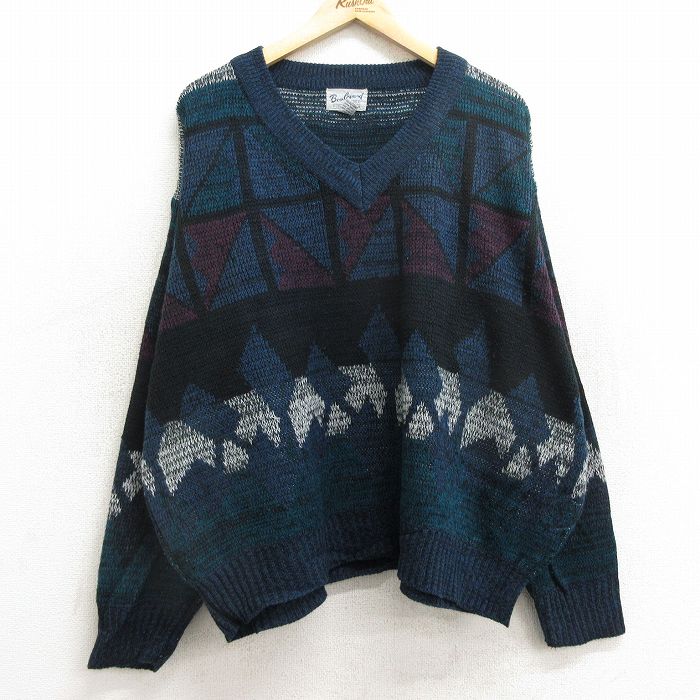 【中古】古着 長袖 セーター メンズ 90年代 90s 大きいサイズ 2L LL ビッグシルエット ゆったり ビッグサイズ オーバーサイズ アクリル Vネック 紺他 ネイビー XLサイズ 中古 ニット トップス | 春夏 春物 春服 秋冬 秋物 秋服 メンズファッション カジュアル お 5OF