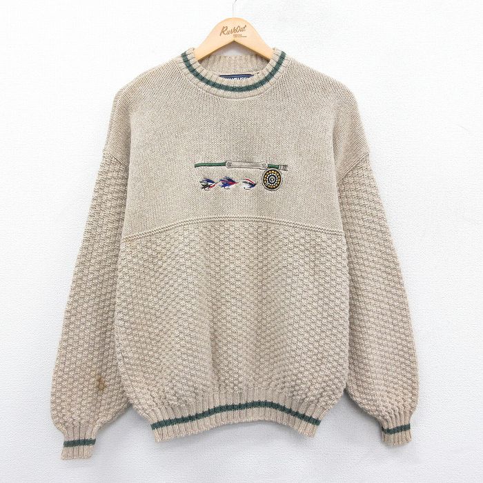 【中古】古着 バンヒューセン 長袖 セーター メンズ 90年代 90s 釣り 刺繍 クルーネック 丸首 USA製 ア..
