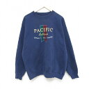 【中古】古着 ジャンスポーツ 長袖スウェット メンズ 00年代 00s PACIFIC 刺繍 クルーネック 丸首 紺 ネイビー XLサイズ 中古 スエット トレ...