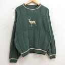 【中古】古着 バンヒューセン 長袖 セーター メンズ 90年代 90s シカ 刺繍 クルーネック 丸首 USA製 アメリカ製 緑 グリーン Lサイズ 中古 ニッ...
