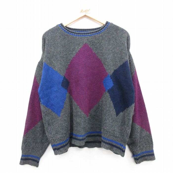 【中古】古着 長袖 セーター メンズ 90年代 90s 大きいサイズ 2L LL ビッグシルエット ゆったり ビッグサイズ オーバーサイズ クルーネック 丸首 USA製 アメリカ製 濃グレー他 XLサイズ 中古 ニット トップス | 春夏 春物 春服 秋冬 秋物 秋服 メンズファッション