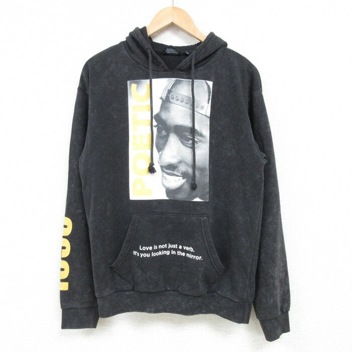 【中古】古着 長袖スウェットパーカー メンズ 映画 ポエティックジャスティス トゥパック 2パック 2PAC 黒 ブラック ブリーチ加工 Mサイズ 中古 スエット トレーナー トップス | 春夏 春物 春服 秋冬 秋物 秋服 メンズファッション カジュアル おしゃれ ファッシ