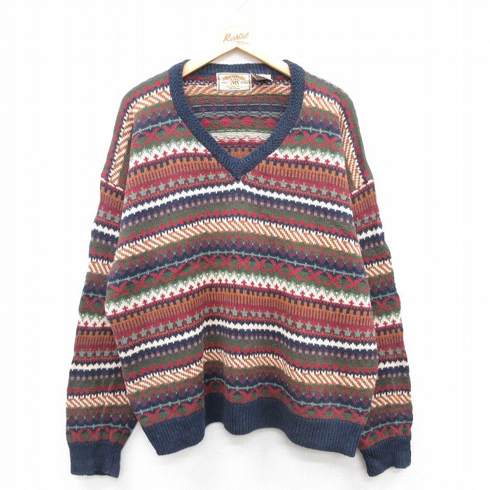 【中古】古着 長袖 セーター メンズ 00年代 00s フェアアイル 大きいサイズ 2L LL ビッグシルエット ゆったり ビッグサイズ オーバーサイズ Vネック 赤 レッド 【spe】 XLサイズ 中古 ニット トップス | 春夏 春物 春服 秋冬 秋物 秋服 メンズファッション カジュ