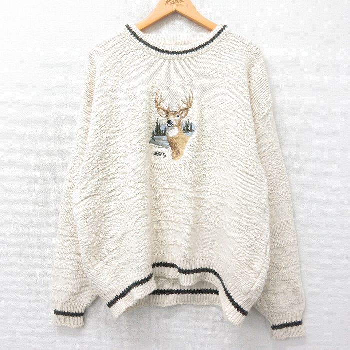 乐天商城 - 【中古】古着 長袖 セーター メンズ 90年代 90s シカ 刺繍 大きいサイズ 2L LL ビッグシルエット ゆったり ビッグサイズ オーバーサイズ コットン クルーネック 丸首 USA製 アメリカ製 生成り XLサイズ 中古 ニット トップス | 春夏 春物 春服 秋冬 秋物 秋服 メ