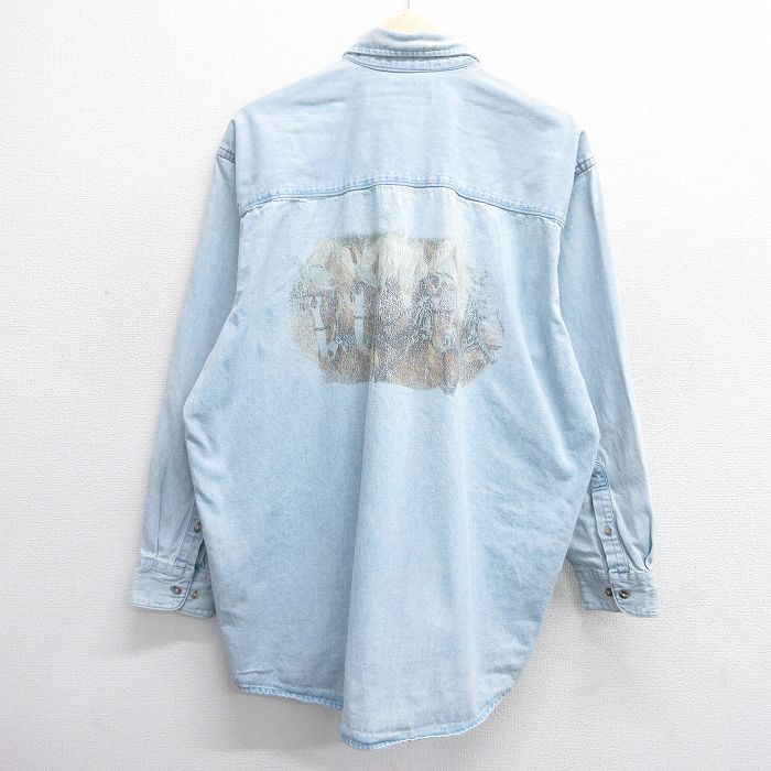【中古】古着 長袖シャツ メンズ 馬 大きいサイズ 2L LL ビッグシルエット ゆったり ビッグサイズ オーバーサイズ コットン ボタンダウン 薄紺 ネイビー デニム XLサイズ 中古 トップス | 春夏 春物 春服 秋冬 秋物 秋服 カジュアルシャツ メンズファッション 長