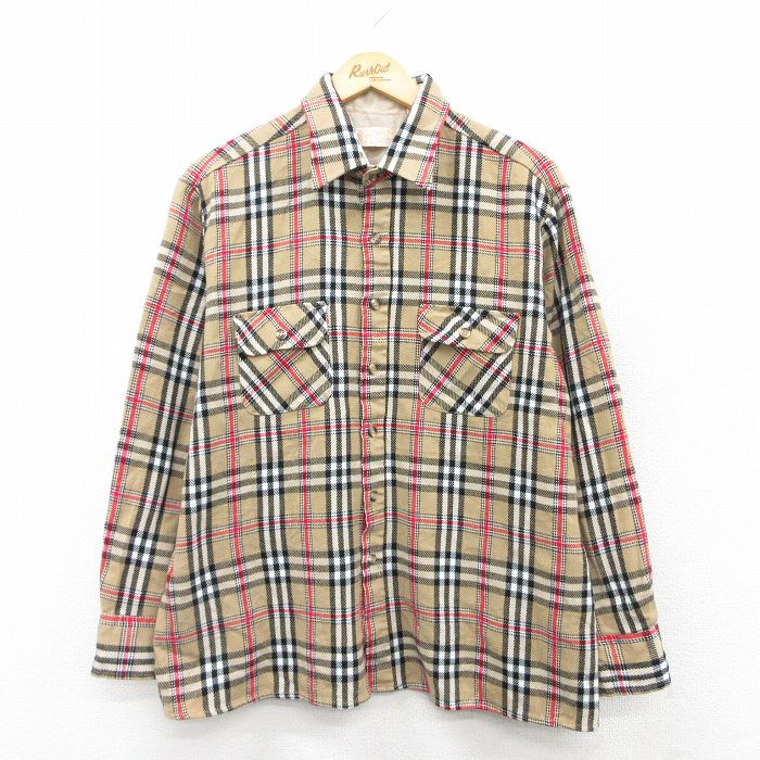 【中古】古着 長袖シャツ メンズ 00年代 00s ベージュ他 カーキ チェック Lサイズ 中古 トップス | 春夏 春物 春服 秋冬 秋物 秋服 カジュアルシャツ メンズファッション 長袖シャツ おしゃれ カジュアル