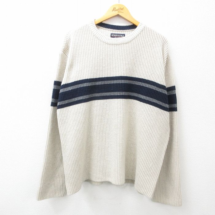 樂天商城 - 【中古】古着 エアロポステール AEROPOSTALE 長袖 セーター メンズ 00年代 00s 大きいサイズ 2L LL ビッグシルエット ゆったり ビッグサイズ オーバーサイズ アクリル クルーネック 丸首 薄ベージュ他 カーキ XLサイズ 中古 ニット トップス | 春夏 春物 春服 秋