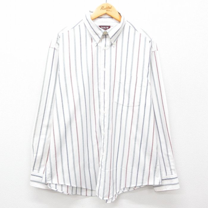 【中古】古着 アロー 長袖シャツ メンズ 90年代 90s 大きいサイズ 2L LL ビッグシルエット ゆったり ビッグサイズ オーバーサイズ ボタンダウン USA製 アメリカ製 白他 ホワイト ストライプ XLサイズ 中古 トップス | 春夏 春物 春服 秋冬 秋物 秋服 カジュアルシ 2OF