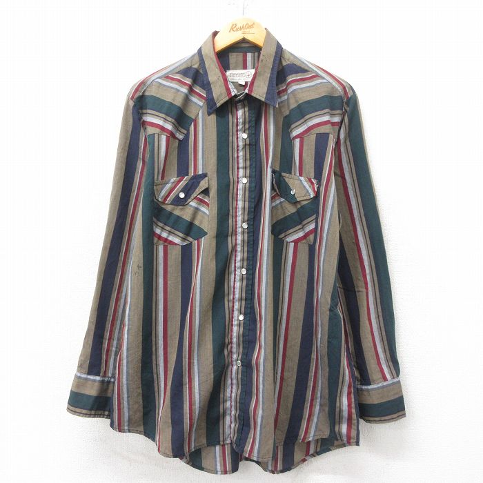 【中古】古着 長袖 ウエスタンシャツ メンズ ベージュ他 カーキ ストライプ Lサイズ 中古 トップス | 春夏 春物 春服 秋冬 秋物 秋服 カジュアルシャツ メンズファッション 長袖シャツ おしゃれ カジュアル