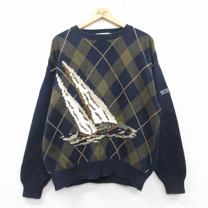 【中古】古着 長袖 セーター メンズ ヨット クルーネック 丸首 濃紺 ネイビー Lサイズ 中古 ニット ト..