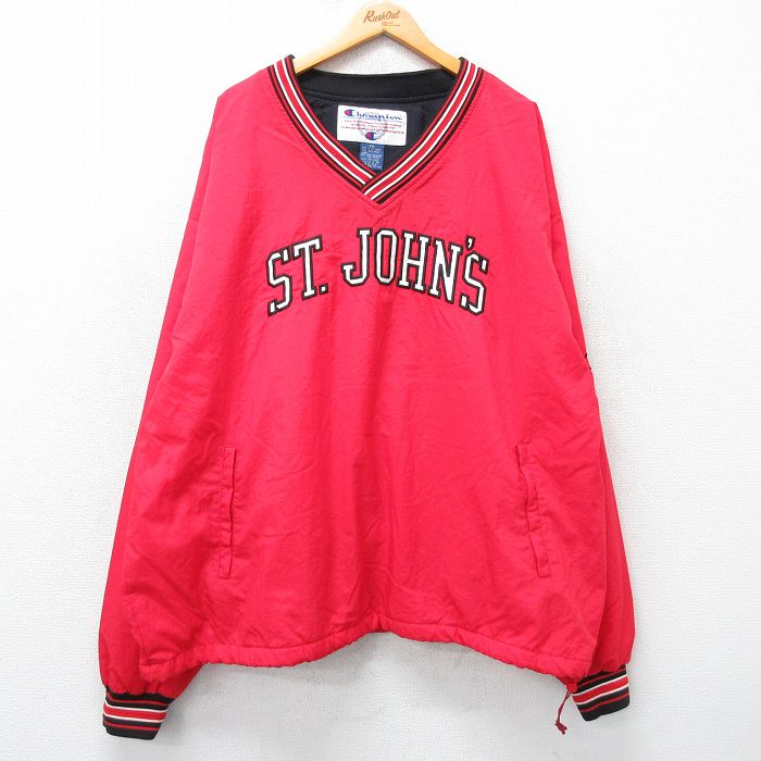 【中古】古着 チャンピオン champion 長袖 ナイロンジャケット メンズ 00年代 00s セントジョンズ 刺繍 大きいサイズ 2L LL ビッグシルエット ゆったり ビッグサイズ オーバーサイズ Vネック 赤他 レッド XLサイズ 中古 アウター ウインドブレーカー | 春夏 春物 5OF(4.0)