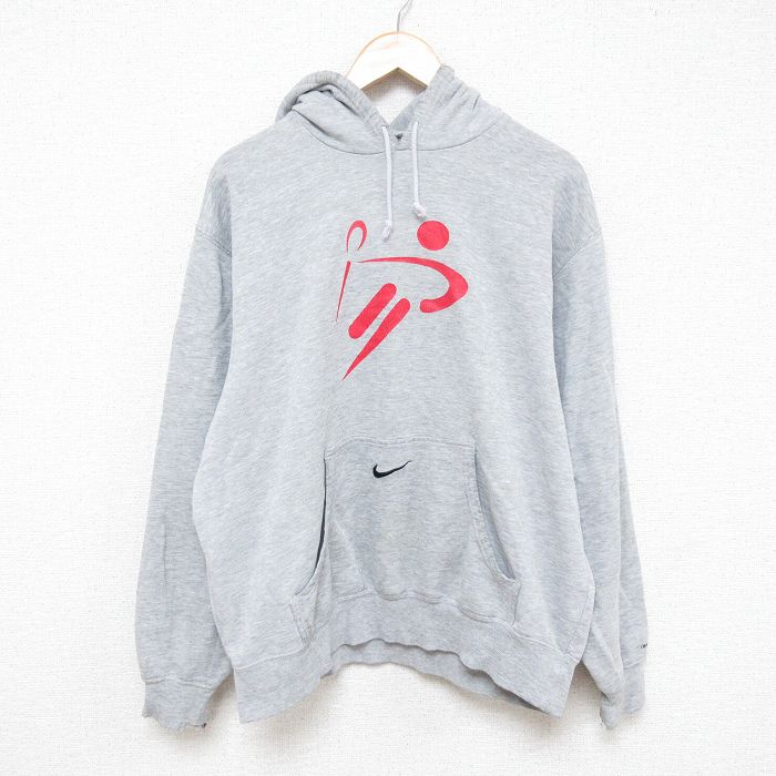 【中古】古着 ナイキ NIKE 長袖スウェットパーカー メンズ 00年代 00s ワンポイントロゴ グレー 霜降り XLサイズ 中古 スエット トレーナー トップス 春夏 春物 春服 秋冬 秋物 秋服 メンズファッション カジュアル おしゃれ ファッション