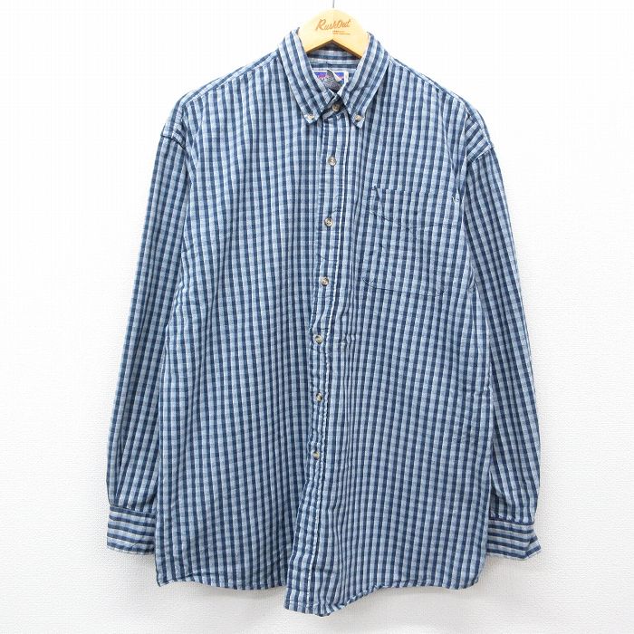 乐天商城 - 【中古】古着 長袖シャツ メンズ 00年代 00s コットン ボタンダウン 紺他 ネイビー チェック XLサイズ 中古 トップス | 春夏 春物 春服 秋冬 秋物 秋服 カジュアルシャツ メンズファッション 長袖シャツ おしゃれ カジュアル