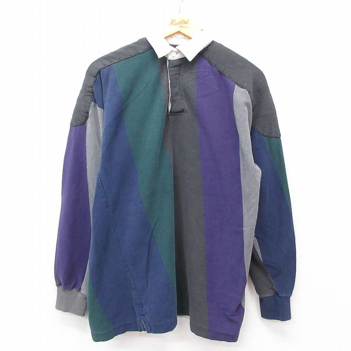 乐天商城 - 【中古】古着 長袖 ラガーシャツ メンズ 90年代 90s ヒジ当て コットン 緑他 グリーン ストライプ Mサイズ 中古 トップス | 春夏 春物 春服 秋冬 秋物 秋服 カジュアルシャツ メンズファッション 長袖シャツ おしゃれ カジュアル