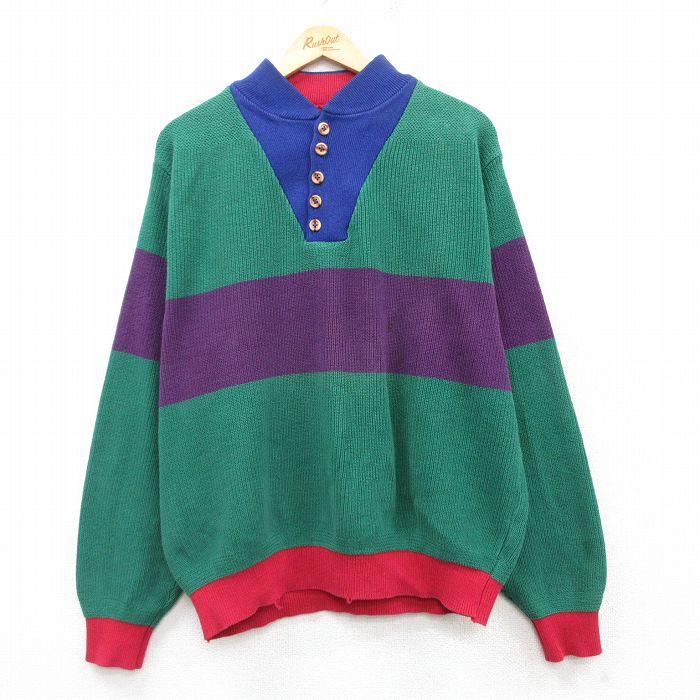 【中古】古着 ランズエンド 長袖 セーター メンズ 90年代 90s マルチカラー コットン ヘンリーネック USA製 アメリカ製 緑他 グリーン 【spe】 XLサイズ 中古 ニット トップス | 春夏 春物 春服 秋冬 秋物 秋服 メンズファッション カジュアル おしゃれ ファッシ 2OF