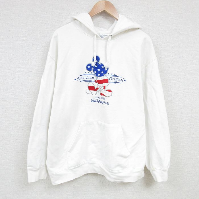 乐天商城 - 【中古】古着 長袖スウェットパーカー メンズ 00年代 00s ディズニー DISNEY ミッキー MICKEY MOUSE 刺繍 大きいサイズ 2L LL ビッグシルエット ゆったり ビッグサイズ オーバーサイズ 白 ホワイト XLサイズ 中古 スエット トレーナー トップス | 春夏 春物 春服