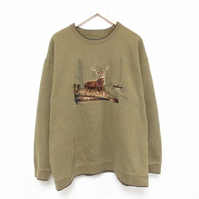 樂天商城 - 【中古】古着 長袖スウェット メンズ シカ 刺繍 大きいサイズ 2L LL ビッグシルエット ゆったり ビッグサイズ オーバーサイズ クルーネック 丸首 緑 グリーン XLサイズ 中古 スエット トレーナー トップス | 春夏 春物 春服 秋冬 秋物 秋服 メンズファッション カ