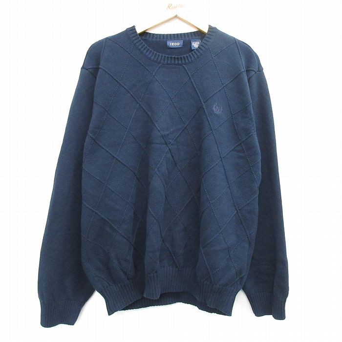 Crew Neck - 【中古】古着 IZOD 長袖セーター メンズ XLサイズ 紺 ネイビー コットン クルーネック 大きいサイズ アメカジ ストリート カジュアル きれいめ ヴィンテージ 25feb28