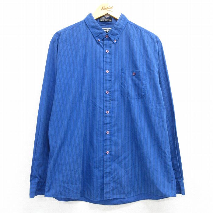 【中古】古着 長袖シャツ メンズ 90年代 90s 大きいサイズ 2L LL ビッグシルエット ゆったり ビッグサイズ オーバーサイズ 青他 ブルー ストライプ XLサイズ 中古 トップス | 春夏 春物 春服 秋冬 秋物 秋服 カジュアルシャツ メンズファッション 長袖シャツ おし 5OF