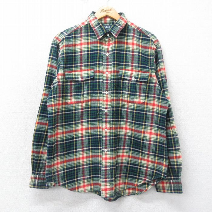 【中古】古着 ラルフローレン Ralph Lauren 長袖 ブランド フランネルシャツ メンズ 90年代 90s コットン 緑他 グリーン チェック XLサイズ 中古 トップス | 秋冬 秋物 秋服 冬物 冬服 カジュアルシャツ メンズファッション 長袖シャツ おしゃれ カジュアルのサムネイル