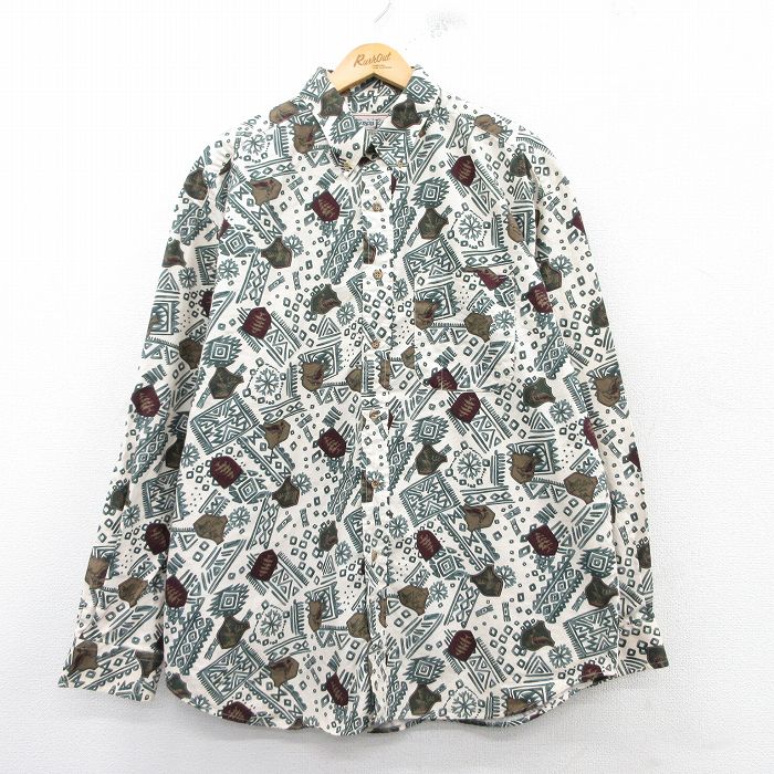 乐天商城 - 【中古】古着 長袖シャツ メンズ 鳥 ネイティブ柄 ラグ柄 大きいサイズ 2L LL ビッグシルエット ゆったり ビッグサイズ オーバーサイズ ロング丈 コットン ボタンダウン 生成り他 XLサイズ 中古 トップス | 春夏 春物 春服 秋冬 秋物 秋服 カジュアルシャツ メン