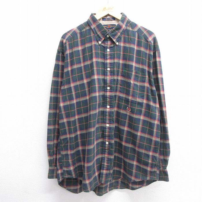 乐天商城 - 【中古】古着 トミーヒルフィガー TOMMY HILFIGER 長袖 ブランドシャツ メンズ 90年代 90s ワンポイントロゴ 大きいサイズ 2L LL ビッグシルエット ゆったり ビッグサイズ オーバーサイズ ロング丈 コットン ボタンダウン 緑他 グリーン チェック 【spe】 XLサイ