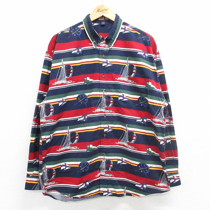 【中古】古着 長袖シャツ メンズ 00年代 00s ヨット コットン ボタンダウン 紺他 ネイビー XLサイズ 中古 トップス | 春夏 春物 春服 秋冬 秋物 秋服 カジュアルシャツ メンズファッション 長袖シャツ おしゃれ カジュアル