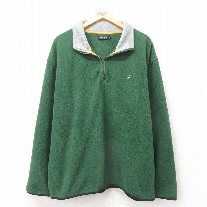 【中古】古着 ノーティカ NAUTICA 長袖 ハーフジップ ブランド フリースジャケット メンズ ワンポイントロゴ 大きいサイズ 2L LL ビッグシルエット ゆったり ビッグサイズ オーバーサイズ 緑 グリーン XLサイズ 中古 アウター | 秋冬 秋物 秋服 冬物 冬服 カジュ 2OF
