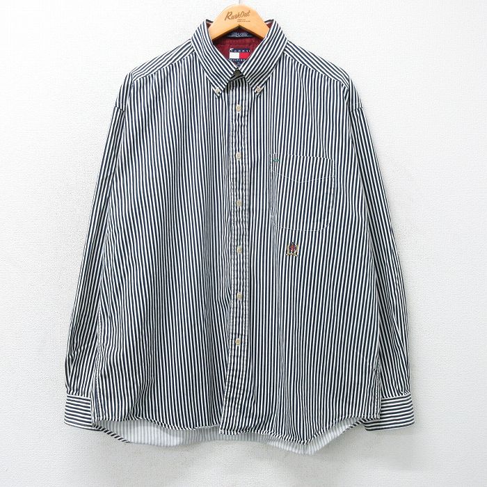 【中古】古着 トミーヒルフィガー 90s 長袖シャツ メンズ 2Lサイズ 大きいサイズ ビッグシルエット ネイビー ストライプ ワンポイントロゴ コットン TOMMY HILFIGER ボタンダウン 5OF