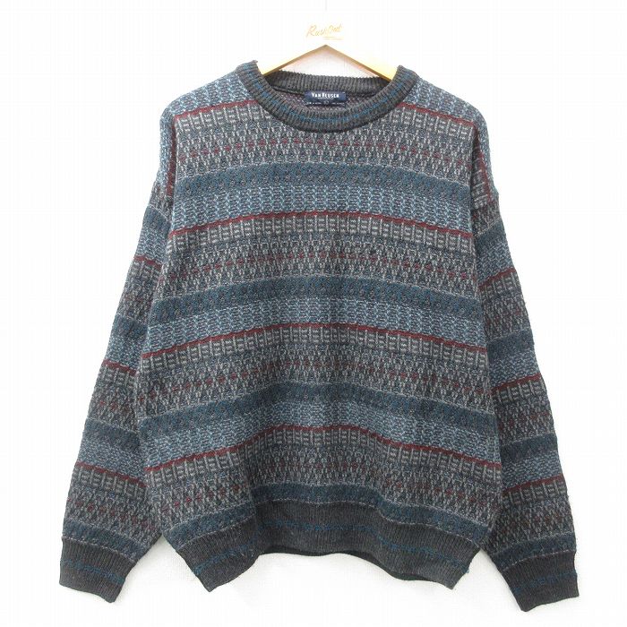 【中古】古着 バンヒューセン 長袖 セーター メンズ 80年代 80s アクリル クルーネック 丸首 濃グレー他 Lサイズ 中古 ニット トップス | 春夏 春物 春服 秋冬 秋物 秋服 メンズファッション カジュアル おしゃれ ファッション