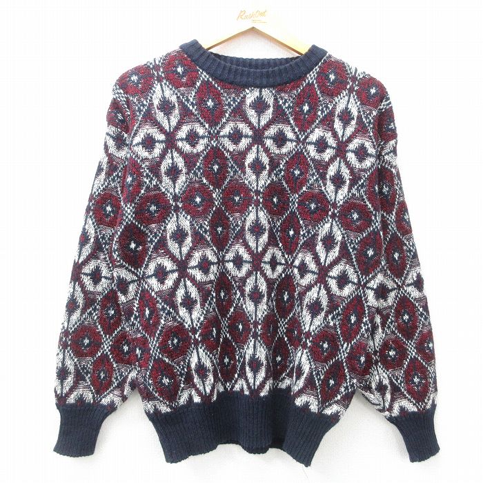 Crew Neck - 【中古】古着 ビューグルボーイ 00s 長袖セーター メンズ ネイビー 紺 Mサイズ ニット 幾何学模様 クルーネック アメカジ ストリート カジュアル きれいめ ヴィンテージ レトロ