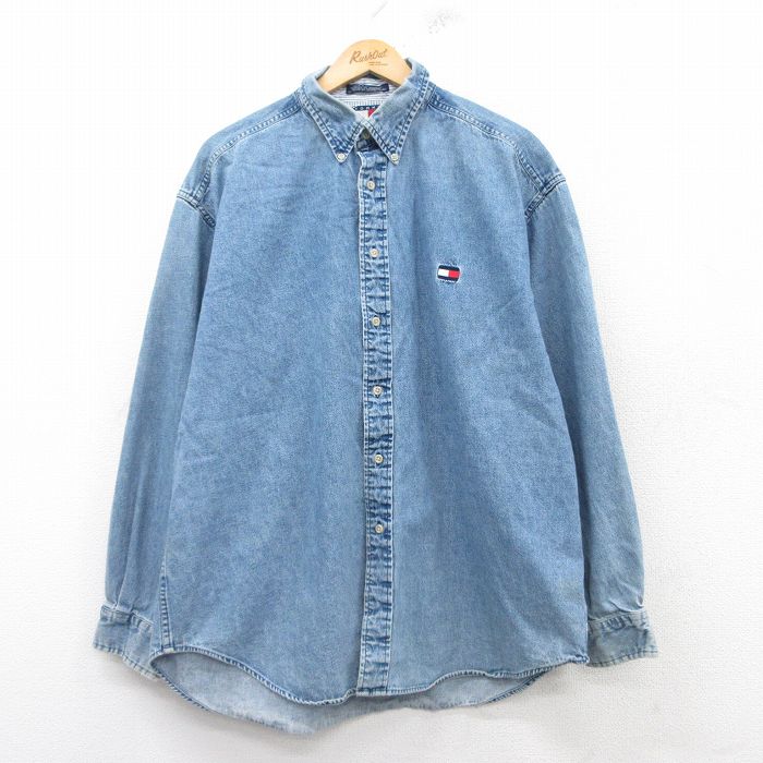 【中古】古着 トミーヒルフィガー TOMMY HILFIGER 長袖 ブランドシャツ メンズ 90年代 90s ワンポイントロゴ 大きいサイズ 2L LL ビッグシルエット ゆったり ビッグサイズ オーバーサイズ コットン ボタンダウン 紺 ネイビー デニム 【spe】 XLサイズ 中古 トップ 2OF