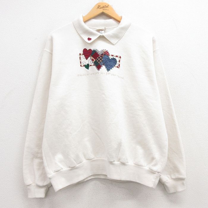 【中古】古着 長袖スウェット レディース 00年代 00s ハート 刺繍 大きいサイズ 2L LL ビッグシルエット ゆったり ビッグサイズ オーバーサイズ 襟付き 生成り 中古 スエット トレーナー トップス | 春夏 春物 春服 秋冬 秋物 秋服 カジュアル レディースファッシ 5OF