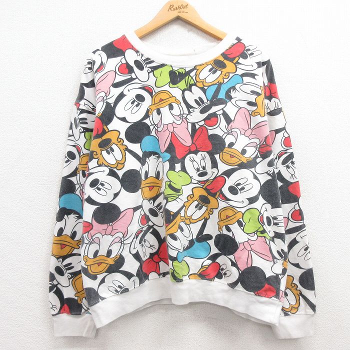 【中古】古着 長袖スウェット レディース ディズニー DISNEY ミッキー MICKEY MOUSE ミニー プルート 大きいサイズ 2L LL ビッグシルエット ゆったり ビッグサイズ オーバーサイズ クルーネック 丸首 白 ホワイト 中古 スエット トレーナー トップス | 春夏 春物