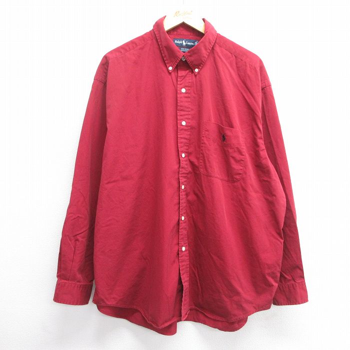 【中古】古着 ラルフローレン Ralph Lauren 長袖 ブランドシャツ メンズ 90年代 90s BIG SHIRT ワンポイントロゴ 大きいサイズ 2L LL ビッグシルエット ゆったり ビッグサイズ オーバーサイズ ロング丈 コットン ボタンダウン エンジ 【spe】 XLサイズ 中古 トッ