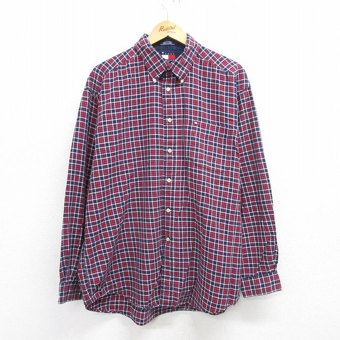【中古】古着 トミーヒルフィガー TOMMY HILFIGER 長袖 ブランドシャツ メンズ 90年代 90s ワンポイントロゴ 大きいサイズ 2L LL ビッグシルエット ゆったり ビッグサイズ オーバーサイズ コットン ボタンダウン 紺他 ネイビー チェック XLサイズ 中古 トップス |