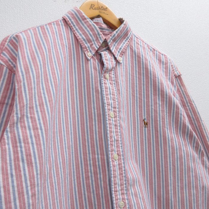 【中古】古着 ラルフローレン Ralph Lauren 長袖 ブランドシャツ メンズ 90年代 90s YARMOUTH コットン ボタンダウン 薄赤他 レッド チェック XLサイズ 中古 トップス | 春夏 春物 春服 秋冬 秋物 秋服 カジュアルシャツ メンズファッション 長袖シャツ おしゃれ