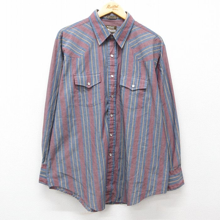 【中古】古着 長袖 ウエスタンシャツ メンズ 90年代 90s 大きいサイズ 2L LL ビッグシルエット ゆったり ビッグサイズ オーバーサイズ 紺他 ネイビー ストライプ XLサイズ 中古 トップス | 春夏 春物 春服 秋冬 秋物 秋服 カジュアルシャツ メンズファッション 長のサムネイル
